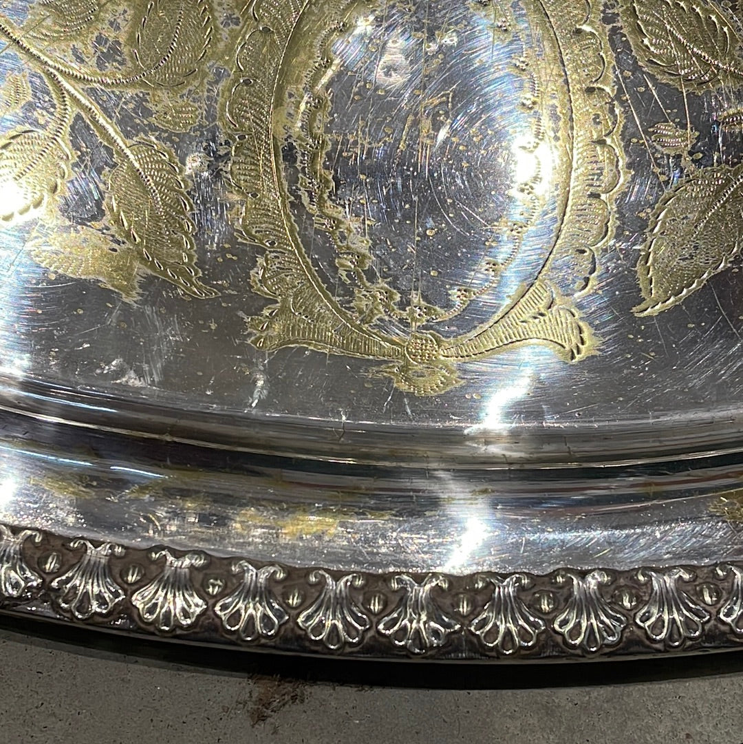 English Late 1800s Heavy Gauge Silver Plate Oval Engraved Tray