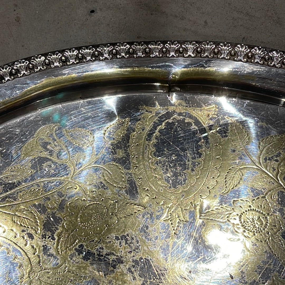 English Late 1800s Heavy Gauge Silver Plate Oval Engraved Tray