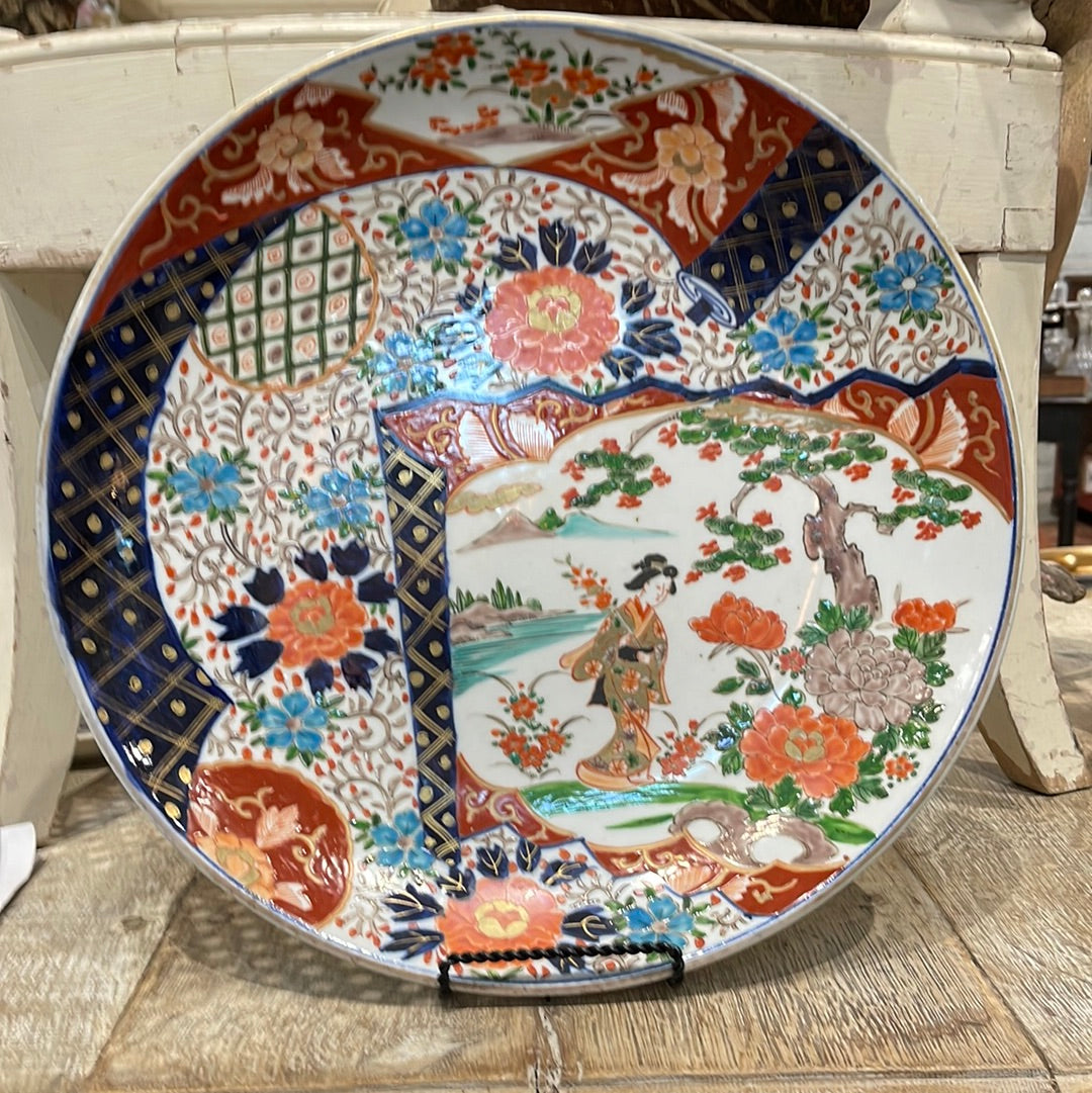 Meiji Imari Charger with Geisha Girl in Garden with Chrysanthemums and Anemones