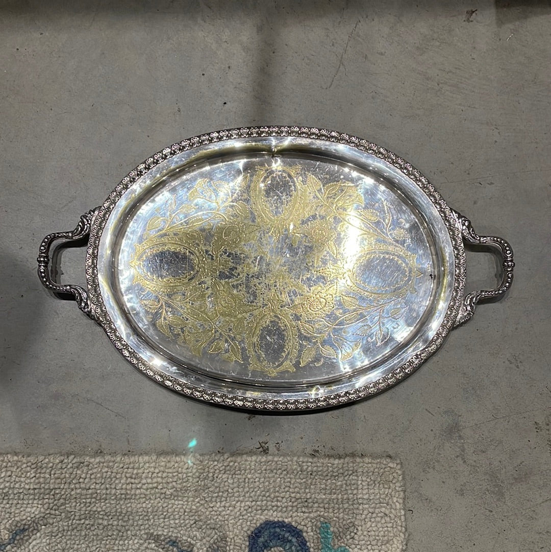 English Late 1800s Heavy Gauge Silver Plate Oval Engraved Tray