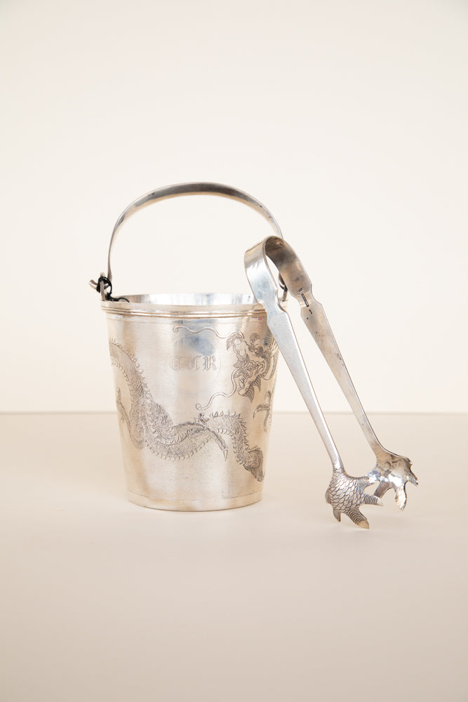 Sterling Silver Ice Bucket with Ice Tongs Monogram TCR