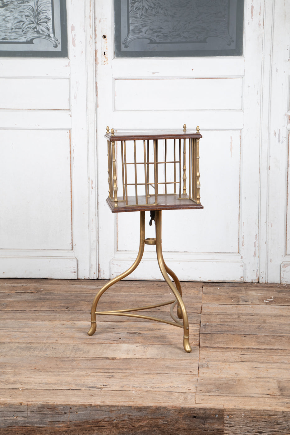 Brass and Wood Revolving Bookcase Square 3 Legs