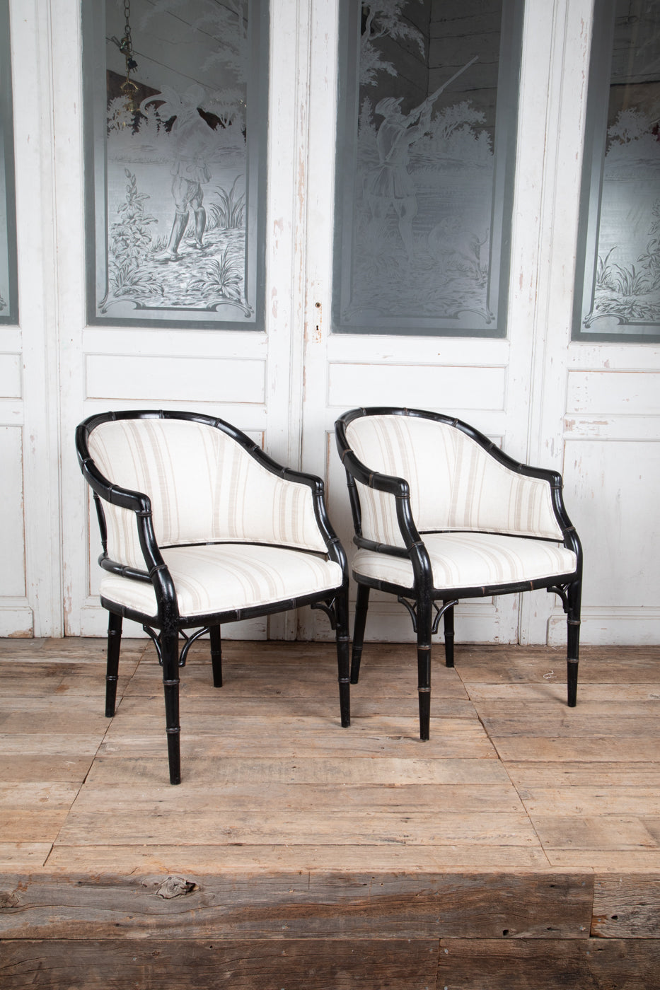 Set of 6 Black Faux Bois Arm Chairs