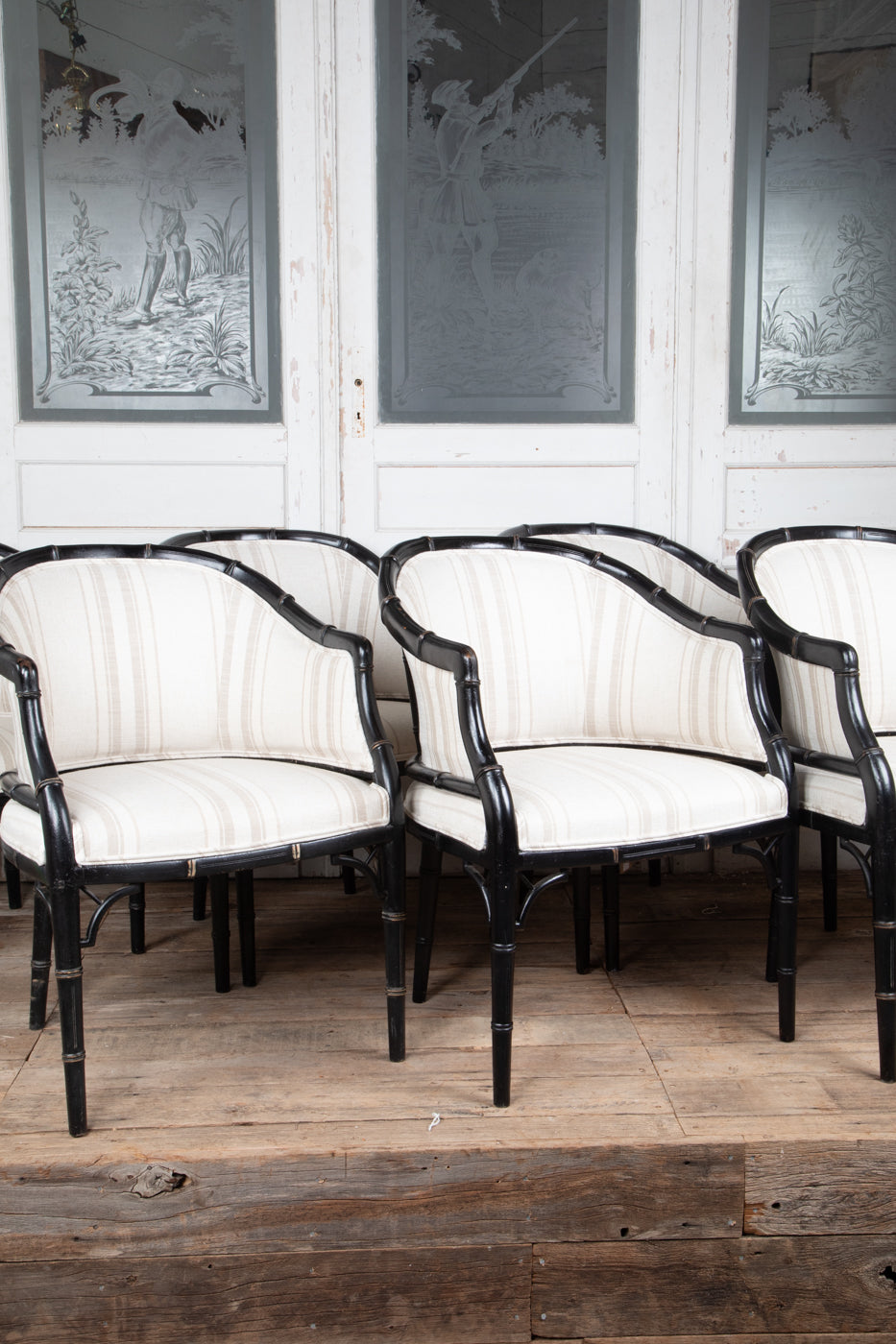 Set of 6 Black Faux Bois Arm Chairs