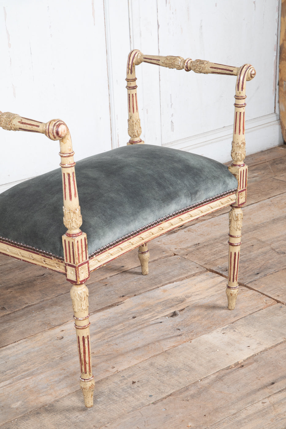 Louis XVI Original Painted Upholstered Stool with Raised Ends