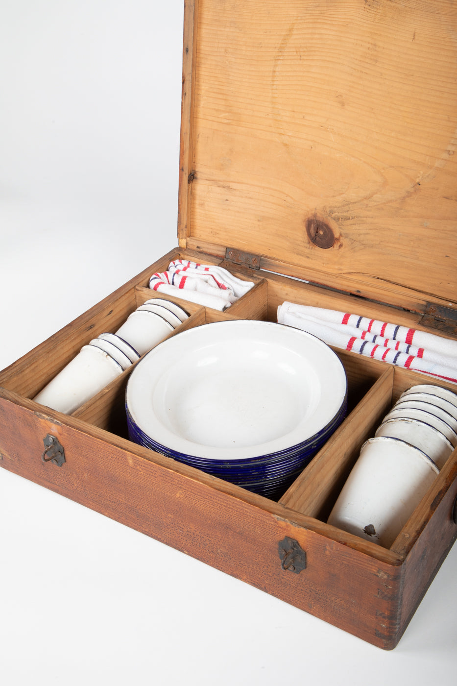 French Picnic Basket with Enamel Plates and Mugs