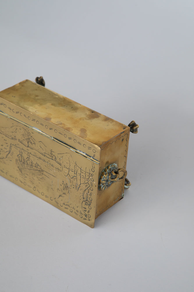 Brass Box - Hinged Lid and Detailed Carvings Lion with Ring Through Mouth on Each Side