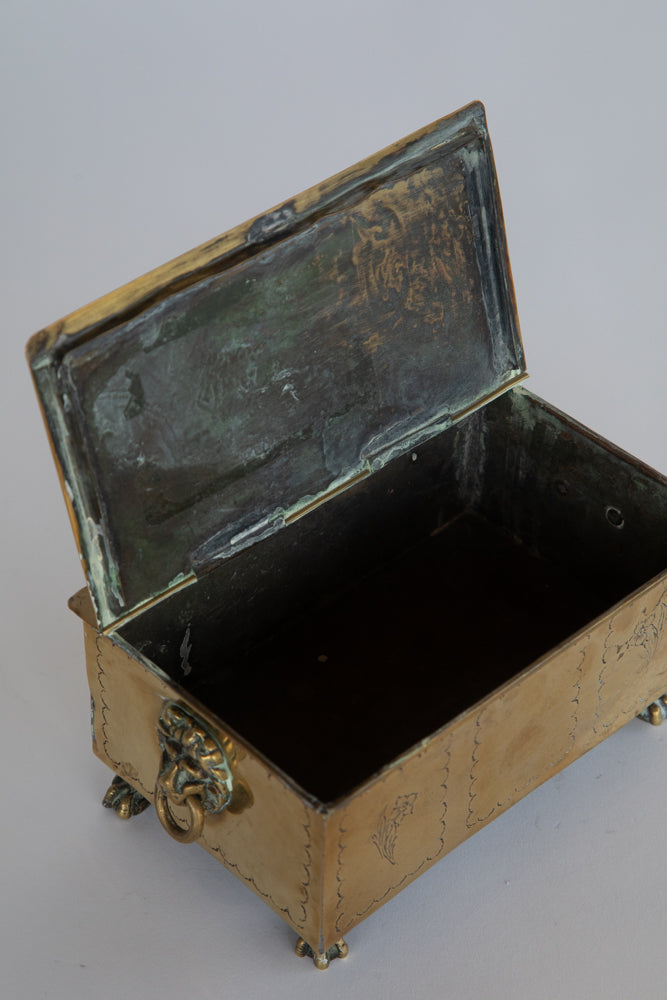 Brass Box - Hinged Lid and Detailed Carvings Lion with Ring Through Mouth on Each Side