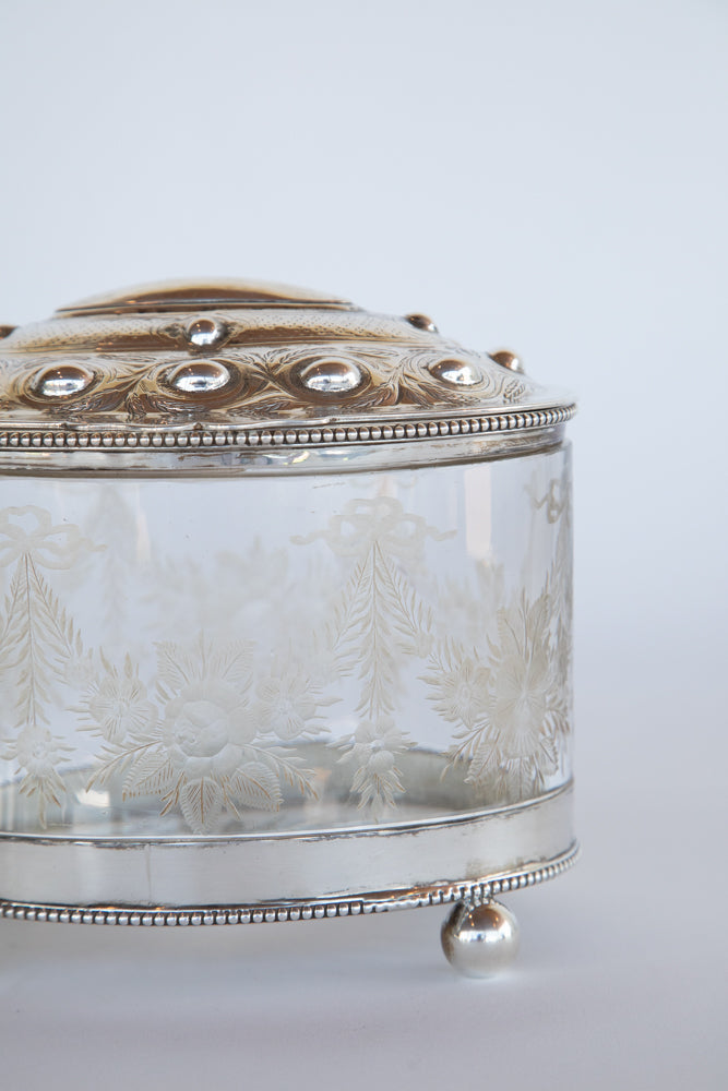 Glass and Silver Biscuit Box with Queen Victoria Stamp