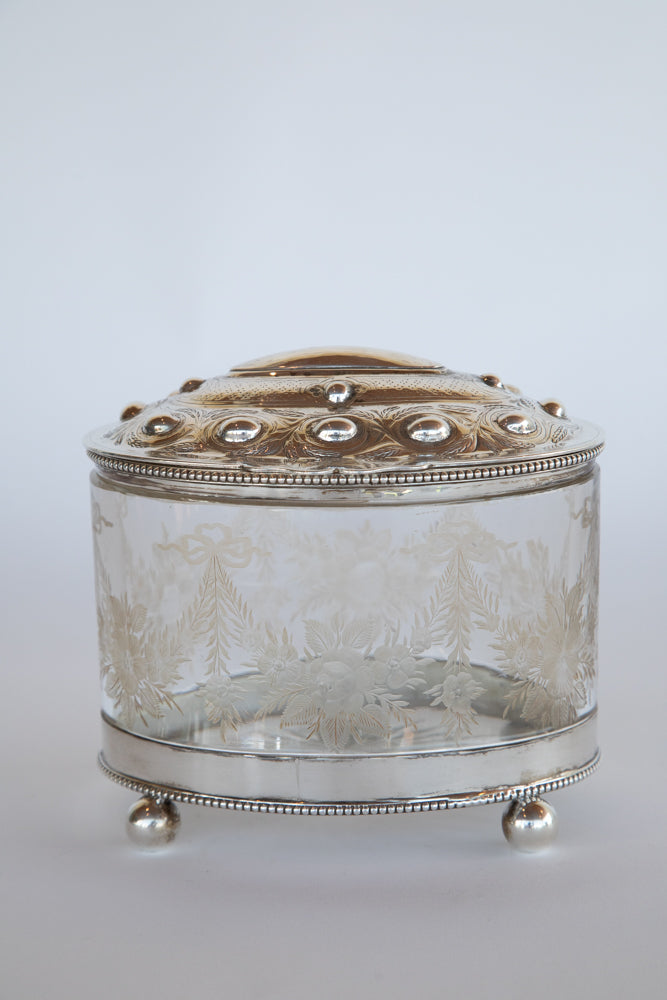 Glass and Silver Biscuit Box with Queen Victoria Stamp