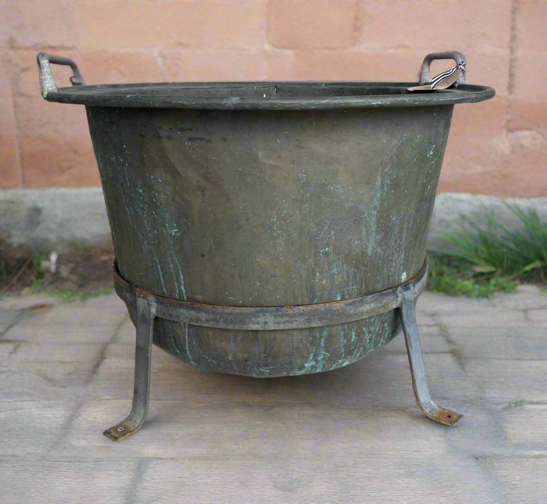 Late 19th Century Copper Cauldron Pot Planter With Stand - Large - The White Barn Antiques