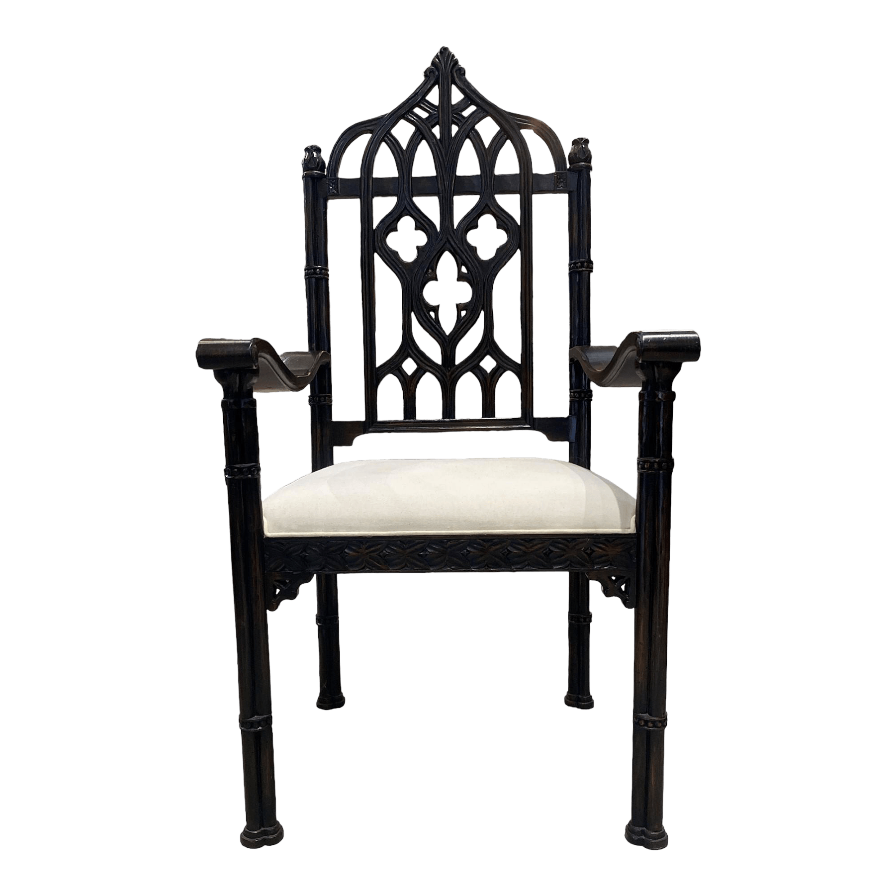 Contemporary Gothic Walnut Hand Carved Arm Chair - The White Barn Antiques